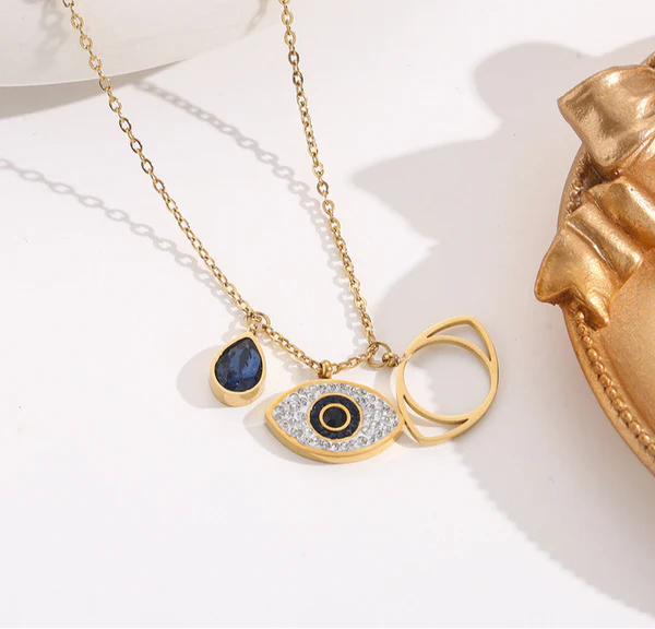 Gold Plated Stainless Steel American Diamond Studded Evil Eye Anti-Tarnish Necklace