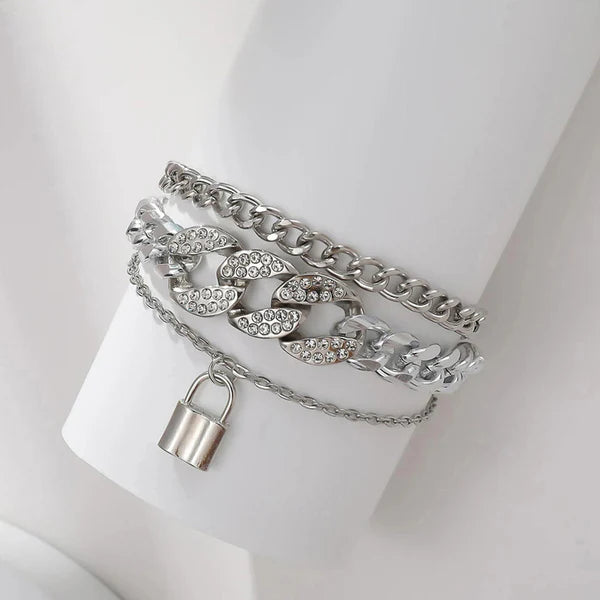 Silver Plated Stone Studded Lock inspired Multi strand Bracelet For Women and Girls