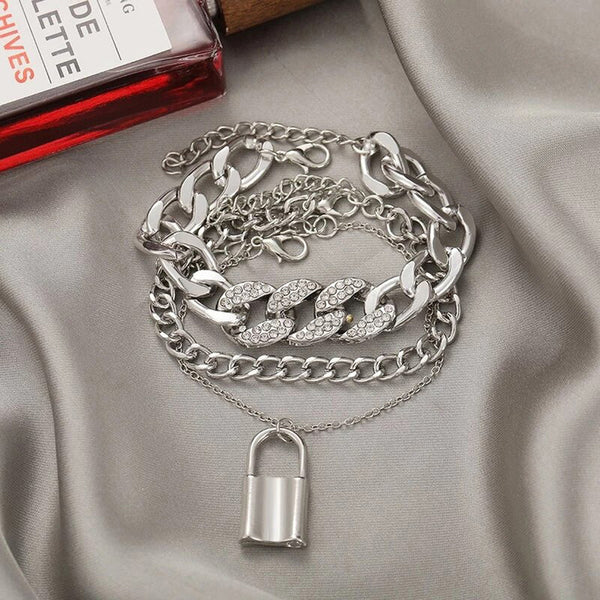 Silver Plated Stone Studded Lock inspired Multi strand Bracelet For Women and Girls