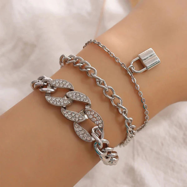 Silver Plated Stone Studded Lock inspired Multi strand Bracelet For Women and Girls
