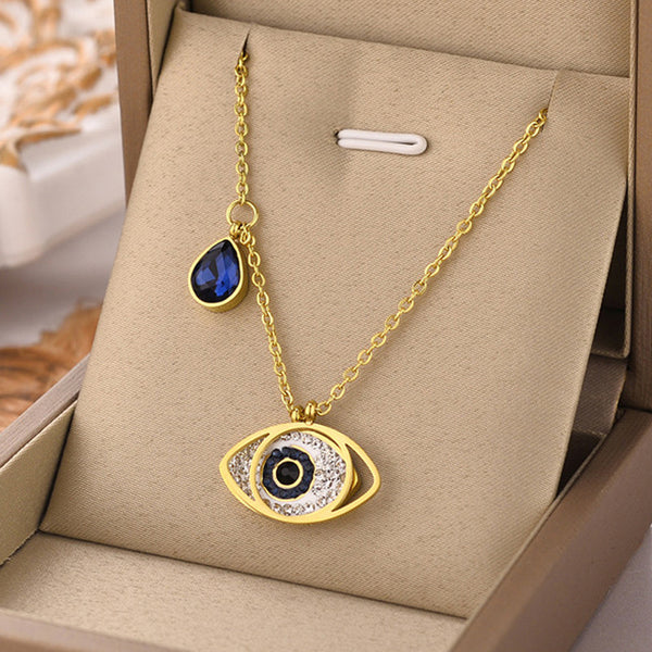 Gold Plated Stainless Steel American Diamond Studded Evil Eye Anti-Tarnish Necklace