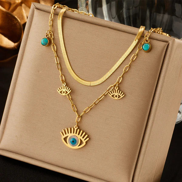 Stainless Steel Gold Plated Anti Tarnish Evil Eye themed Dual Strand Necklace