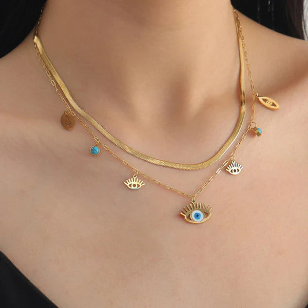 Stainless Steel Gold Plated Anti Tarnish Evil Eye themed Dual Strand Necklace