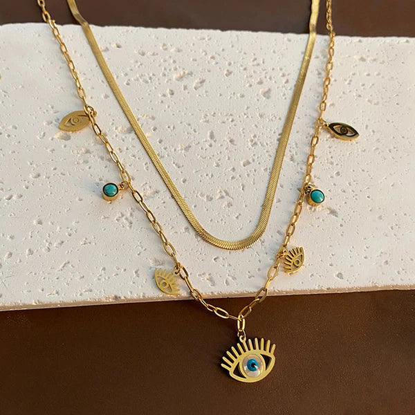 Stainless Steel Gold Plated Anti Tarnish Evil Eye themed Dual Strand Necklace