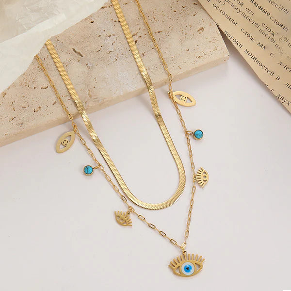 Stainless Steel Gold Plated Anti Tarnish Evil Eye themed Dual Strand Necklace