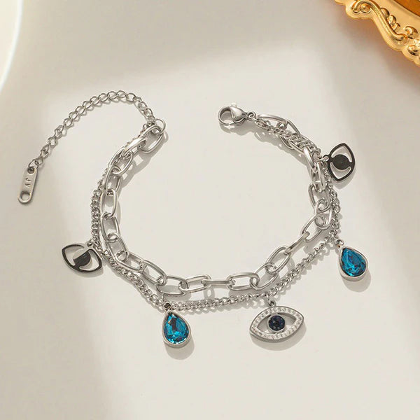 Stainless Steel Silver Plated Stainless Steel Anti Tarnish Crystal Studded Evil Eye Bracelet For Women