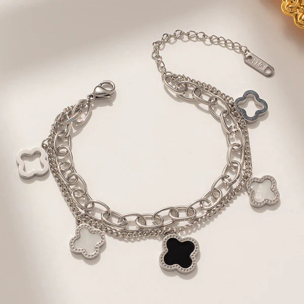 Stainless Steel Silver Plated Mother of Pearls Clover Wraparound Anti Tarnish Bracelet For Women