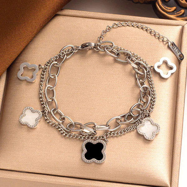 Stainless Steel Silver Plated Mother of Pearls Clover Wraparound Anti Tarnish Bracelet For Women