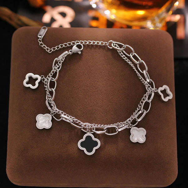 Stainless Steel Silver Plated Mother of Pearls Clover Wraparound Anti Tarnish Bracelet For Women