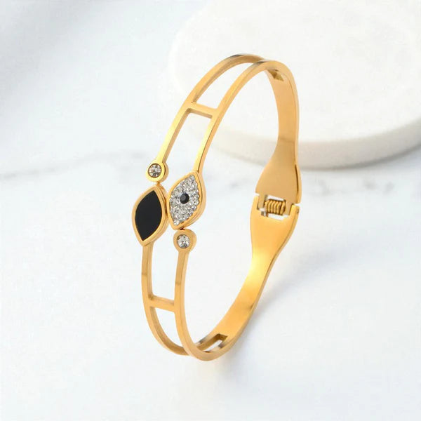Gold Plated Stainless Steel Evil Eye Themed Anti Tarnish Bangle Style Bracelet