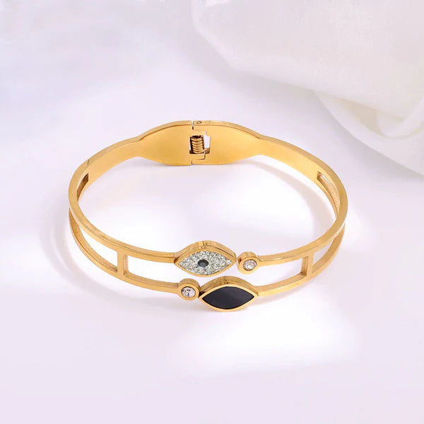 Gold Plated Stainless Steel Evil Eye Themed Anti Tarnish Bangle Style Bracelet