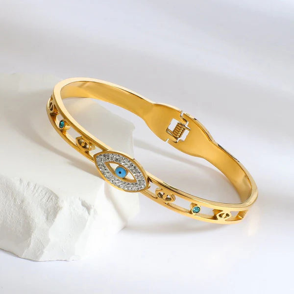 Gold Plated Stainless Steel Evil Eye Themed Anti Tarnish Bangle Style Bracelet